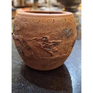 Vintage Japanese Tokoname Redware Flying Dragon in Cloud Pot Jar Approximately